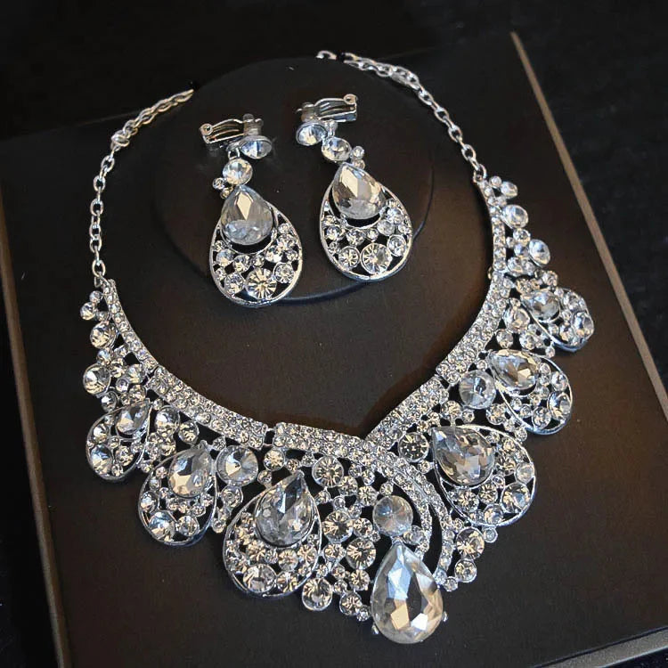 Luxury Big Rhinestone Bridal Jewelry Sets Silver Plated Crystal Crown Tiaras Choker Necklace Earrings Sets Wedding Accessories GiFTiFY