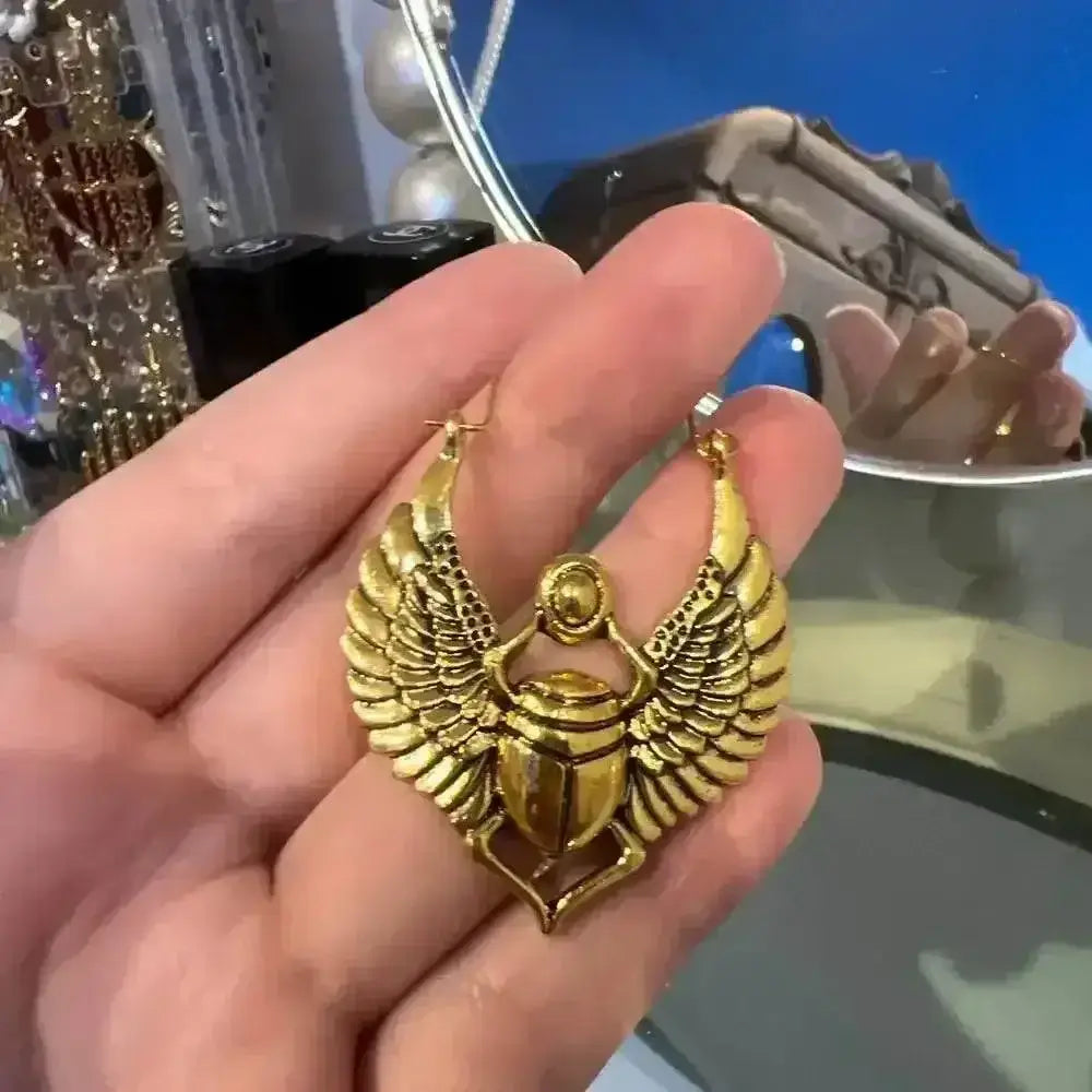 Vintage Egyptian Inspired Designs Sacred Wings Scarab Large Hoops Earrings Gypsy Tribal Women Gold Color Earrings Party Gift - GiFTiFY