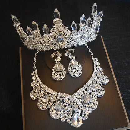Luxury Big Rhinestone Bridal Jewelry Sets Silver Plated Crystal Crown Tiaras Choker Necklace Earrings Sets Wedding Accessories GiFTiFY