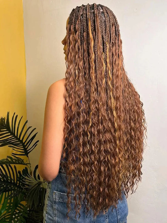 Boho Knotless Braided Wigs Synthetic Full Lace Braids With Curly Hair Ends Goddess Ombre Blonde Box Braided Wigs With Baby Hair GiFTiFY