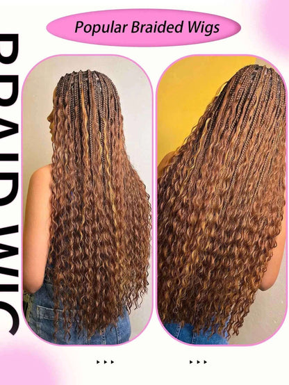 Synthetic Blonde Goddess Boho Box Braided Wigs For Women Braided Full Lace Wig With Curly Hair Ends Big Part Knotless Box Braids