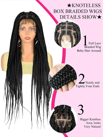 Cornrows Full Lace Braided Wigs Synthetic Knotless Box Braiding Wigs For Black Women 36'' Tribal Box Braids Wigs With Baby Hair GiFTiFY