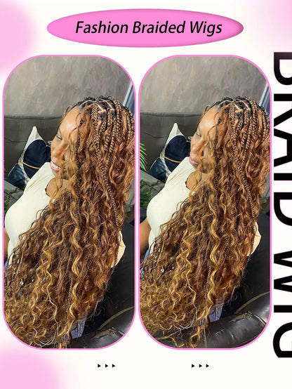 Boho Knotless Braided Wigs Synthetic Full Lace Braids With Curly Hair Ends Goddess Ombre Blonde Box Braided Wigs With Baby Hair GiFTiFY