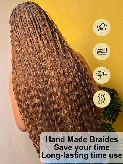 Boho Knotless Braided Wigs Synthetic Full Lace Braids With Curly Hair Ends Goddess Ombre Blonde Box Braided Wigs With Baby Hair GiFTiFY