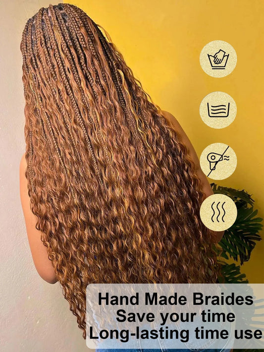 Boho Knotless Braided Wigs Synthetic Full Lace Braids With Curly Hair Ends Goddess Ombre Blonde Box Braided Wigs With Baby Hair GiFTiFY
