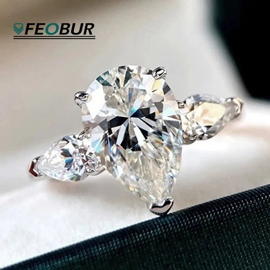 1/2/3/4ct Pear Cut All Moissanite Engagement Rings for Women S925 Sterling Silver 3-Stone Promise Wedding Band Luxury Jewelry Dropshee