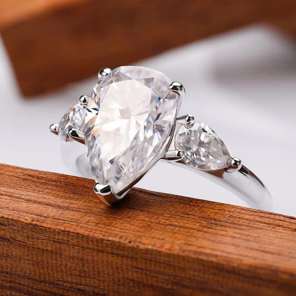 1/2/3/4ct Pear Cut All Moissanite Engagement Rings for Women S925 Sterling Silver 3-Stone Promise Wedding Band Luxury Jewelry Dropshee