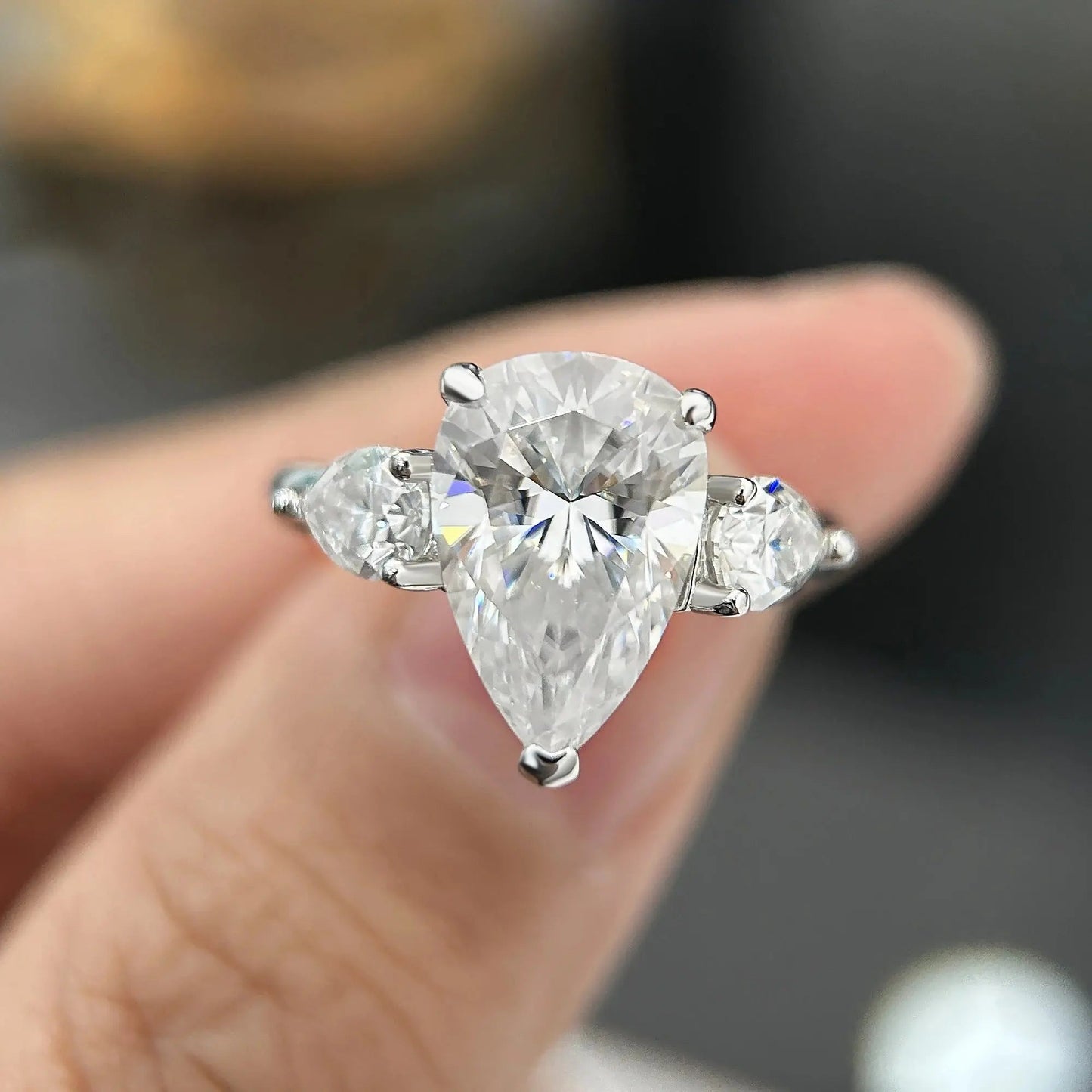 1/2/3/4ct Pear Cut All Moissanite Engagement Rings for Women S925 Sterling Silver 3-Stone Promise Wedding Band Luxury Jewelry Dropshee