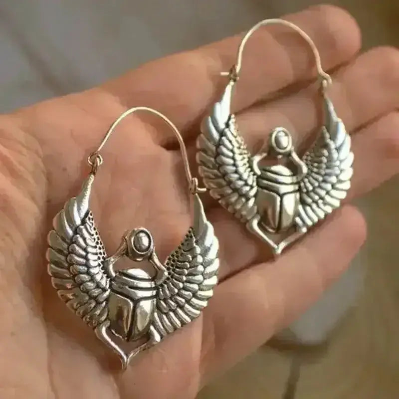 Vintage Egyptian Inspired Designs Sacred Wings Scarab Large Hoops Earrings Gypsy Tribal Women Gold Color Earrings Party Gift - GiFTiFY