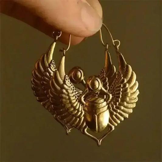 Vintage Egyptian Inspired Designs Sacred Wings Scarab Large Hoops Earrings Gypsy Tribal Women Gold Color Earrings Party Gift - GiFTiFY